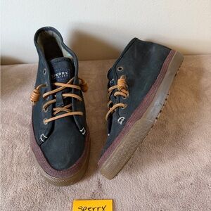 Sperry Women’s Black Canvas Sneakers with Brown Laces and Maroon Trim